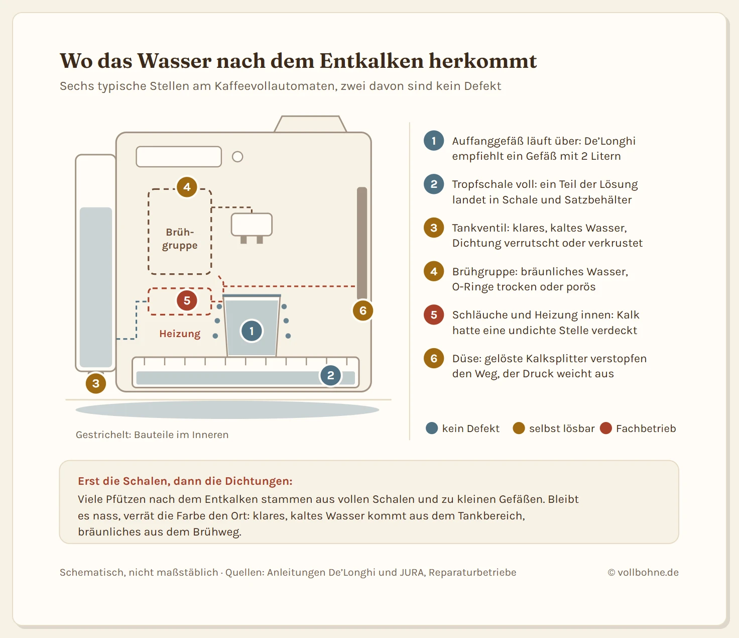 Schema eines Kaffeevollautomaten mit sechs nummerierten Stellen, an denen nach dem Entkalken Wasser austreten kann: überlaufendes Auffanggefäß und volle Tropfschale als Fälle ohne Defekt, Tankventil, Brühgruppe und verstopfte Düse als selbst lösbare Fälle, Schläuche und Heizung im Inneren als Fall für den Fachbetrieb.