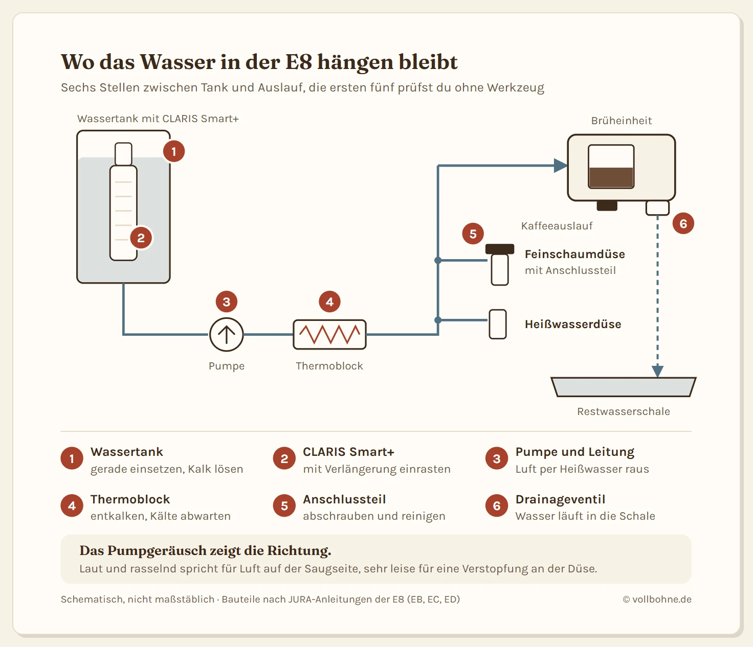 Schema des Wasserwegs in der JURA E8 mit sechs nummerierten Stellen: eins der Wassertank, gerade einsetzen und Kalk lösen; zwei die Filterpatrone CLARIS Smart+, mit Verlängerung einrasten; drei Pumpe und Leitung, Luft per Heißwasserbezug hinausdrücken; vier der Thermoblock, entkalken und nach Kälte abwarten; fünf das Anschlussteil der Feinschaumdüse, abschrauben und reinigen; sechs das Drainageventil unter der Brüheinheit, über das Wasser in die Restwasserschale läuft. Merksatz: Laut und rasselnd spricht für Luft, sehr leise für eine Verstopfung an der Düse.