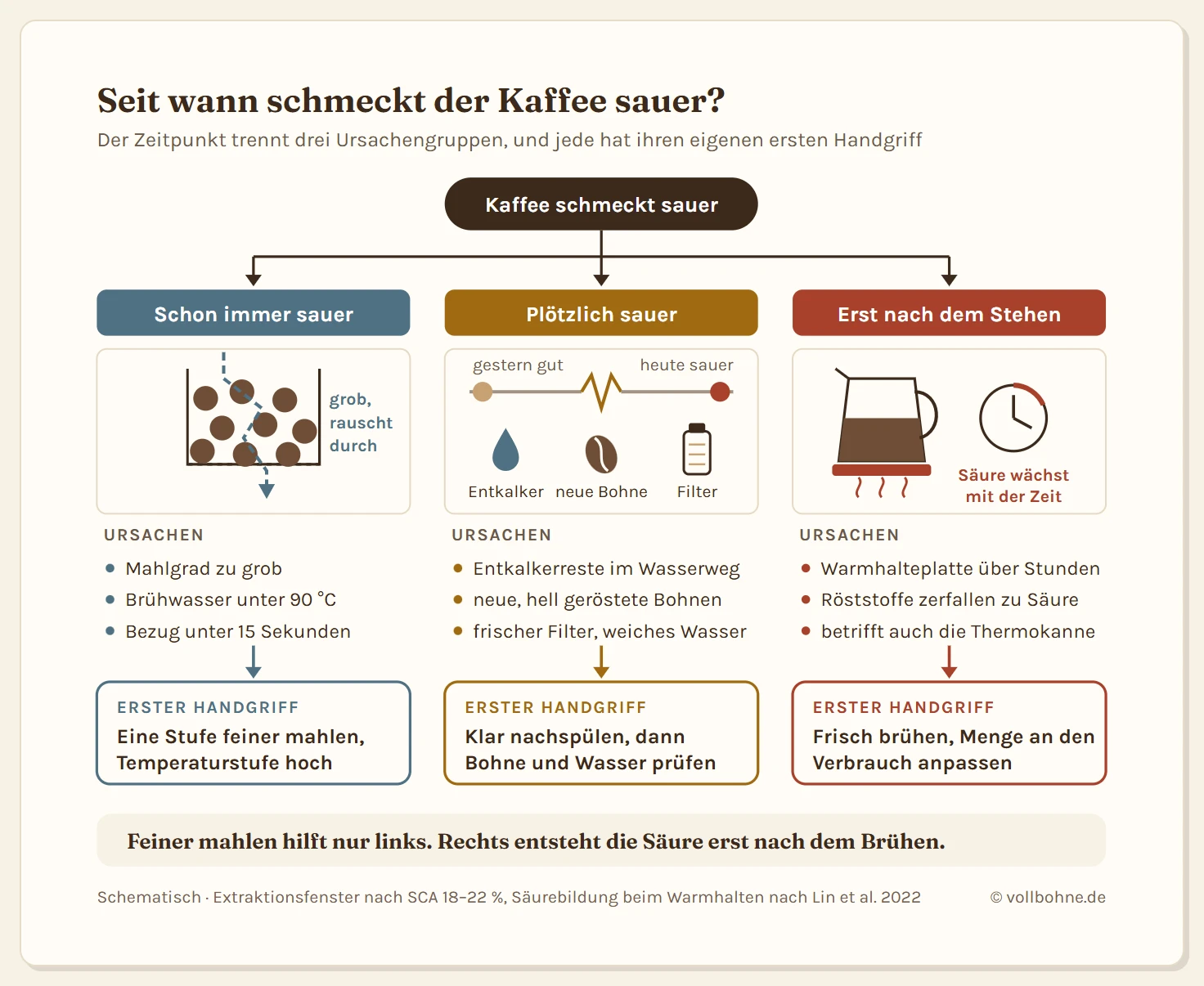 Entscheidungsbaum mit drei Ästen zur Frage, seit wann der Kaffee sauer schmeckt. Schon immer sauer: grober Mahlgrad, Brühwasser unter 90 Grad oder ein Bezug unter 15 Sekunden, erster Handgriff feiner mahlen und Temperatur hoch. Plötzlich sauer: Entkalkerreste, neue hell geröstete Bohnen oder ein frischer Filter mit weichem Wasser, erster Handgriff klar nachspülen und dann Bohne und Wasser prüfen. Erst nach dem Stehen sauer: Stunden auf der Warmhalteplatte, Röststoffe zerfallen zu Säure, erster Handgriff frisch brühen und die Menge anpassen.