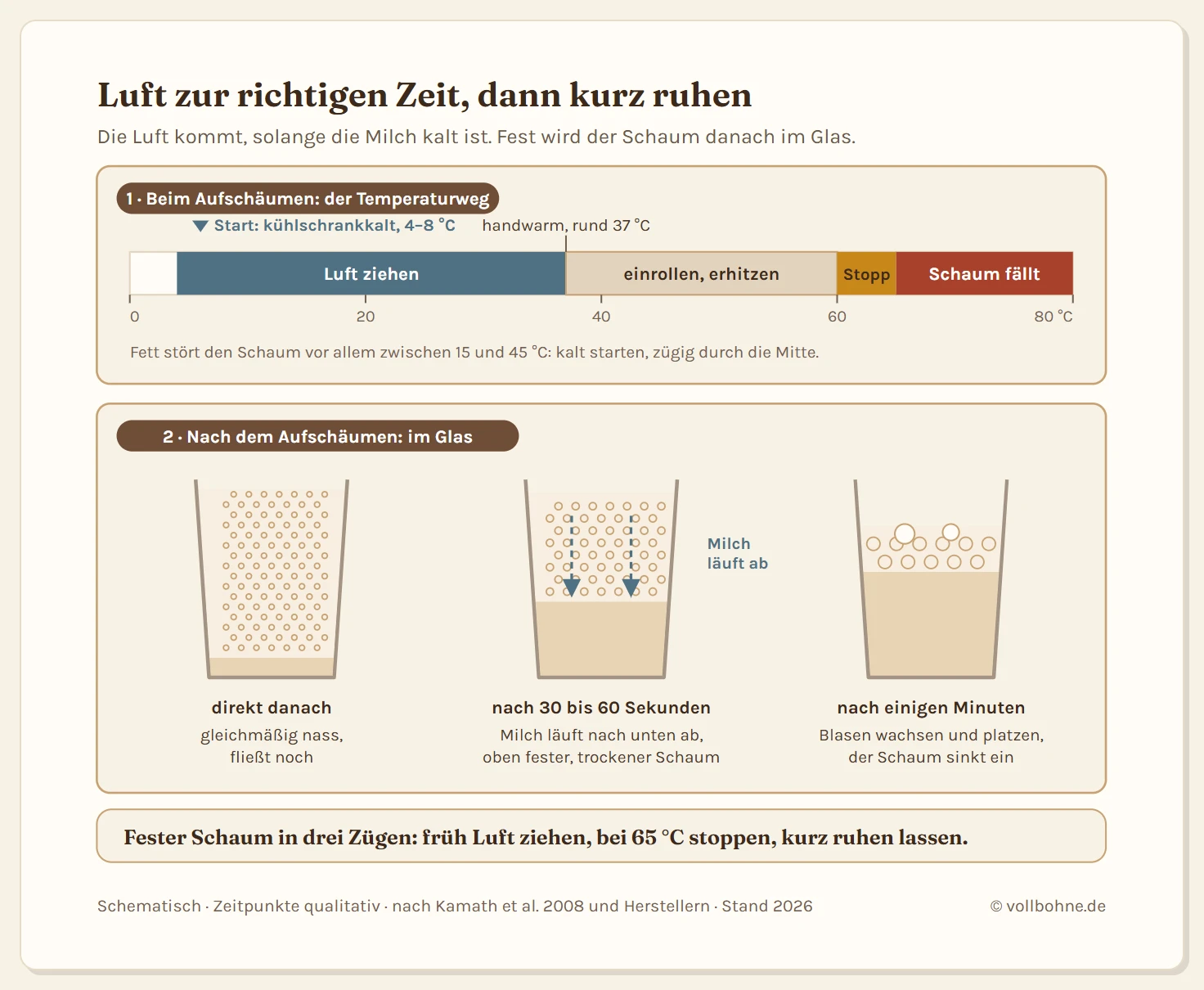 Oben ein Temperatur-Zonenbalken von 0 bis 80 Grad: Start mit kühlschrankkalter Milch bei 4 bis 8 Grad, bis rund 37 Grad Luft ziehen, von 37 bis 60 Grad einrollen und erhitzen, 60 bis 65 Grad Stopp, darüber fällt der Schaum. Darunter drei Gläser als Zeitfolge nach dem Aufschäumen: direkt danach gleichmäßig nasser Schaum, nach 30 bis 60 Sekunden ist flüssige Milch nach unten abgelaufen und oben steht fester, trockener Schaum, nach einigen Minuten sind die Blasen gewachsen und der Schaum ist eingesunken.