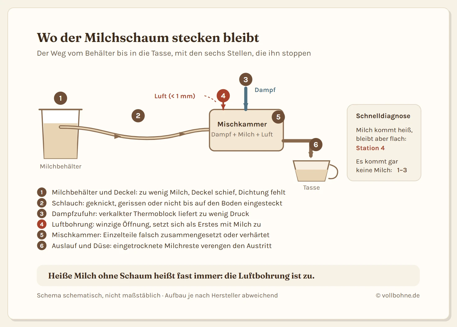 Schema des Milchwegs im Kaffeevollautomaten mit sechs Störstellen: Milchbehälter mit Deckel und Dichtung, Ansaugschlauch, Dampfzufuhr aus dem Thermoblock, Luftbohrung mit unter einem Millimeter Durchmesser, Mischkammer und Auslauf. Rechts eine Schnelldiagnose: Kommt die Milch heiß aber flach, liegt es an der Luftbohrung. Kommt gar keine Milch, liegt es an den Stationen eins bis drei.