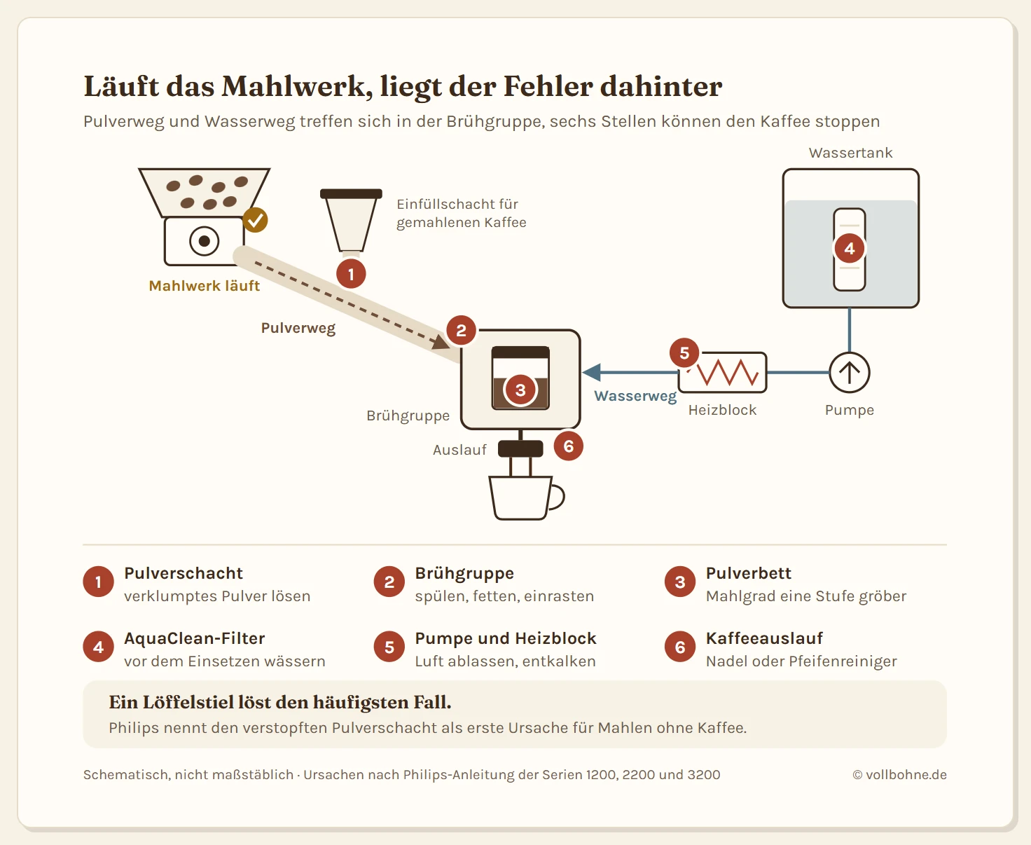 Schema eines Philips-Kaffeevollautomaten mit zwei Wegen, die sich in der Brühgruppe treffen. Links der Pulverweg vom Bohnenbehälter über das Mahlwerk, das mit einem Häkchen als funktionierend markiert ist, durch den Schacht für gemahlenen Kaffee in die Brühgruppe. Rechts der Wasserweg vom Wassertank über den AquaClean-Filter, die Pumpe und den Heizblock in die Brühgruppe. Von der Brühgruppe führt der Kaffeeauslauf in die Tasse. Sechs Stellen sind nummeriert: eins der Pulverschacht, laut Philips-Anleitung die erste Ursache für Mahlen ohne Kaffee; zwei die Brühgruppe, verschmutzt, trocken oder falsch eingesetzt; drei das Pulverbett, bei zu feinem Mahlgrad kommt das Wasser nicht durch; vier der AquaClean-Filter, der ohne Vorbereitung Luft ansaugt; fünf Pumpe und Heizblock, durch Kalk verengt; sechs der Kaffeeauslauf, verstopft. Merksatz: Läuft das Mahlwerk, liegt der Fehler hinter ihm.