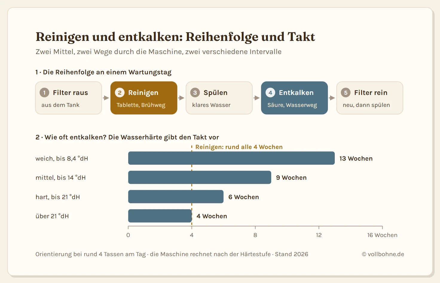 Zweiteilige Grafik. Oben der Ablauf an einem Wartungstag in fünf Stationen: Wasserfilter aus dem Tank nehmen, reinigen mit Tablette im Brühweg, mit klarem Wasser zwischenspülen, entkalken mit Säure im Wasserweg, neuen Filter einsetzen und nachspülen. Unten ein Balkendiagramm zum Entkalkungsintervall nach Wasserhärte bei rund vier Tassen am Tag: weiches Wasser bis 8,4 Grad deutscher Härte alle 13 Wochen, mittleres Wasser bis 14 Grad alle 9 Wochen, hartes Wasser bis 21 Grad alle 6 Wochen, über 21 Grad alle 4 Wochen. Eine gestrichelte Linie bei vier Wochen markiert das Reinigungsintervall, das unabhängig von der Wasserhärte ungefähr monatlich anfällt.